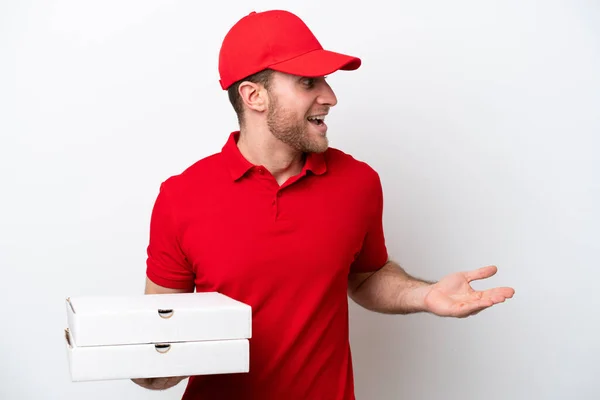 Pizza Delivery Caucasian Man Work Uniform Picking Pizza Boxes Isolated — Stockfoto