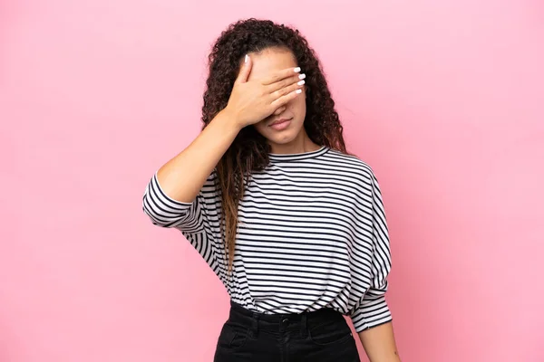 Young Hispanic Woman Isolated Pink Background Covering Eyes Hands Want — Stock Photo, Image