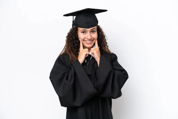 Νεαρή Απόφοιτος Πανεπιστημίου Αραβίδα Γυναίκα Απομονωμένη Λευκό Φόντο Χαμογελώντας Μια — Φωτογραφία Αρχείου