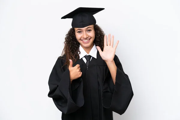 Genç Üniversite Mezunu Arap Bir Kadın Beyaz Arka Planda Izole — Stok fotoğraf
