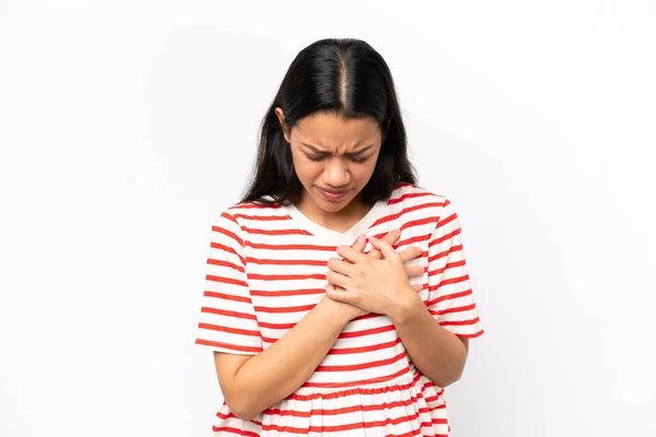 Young Colombian Woman Isolated White Background Having Pain Heart — Stock Photo, Image