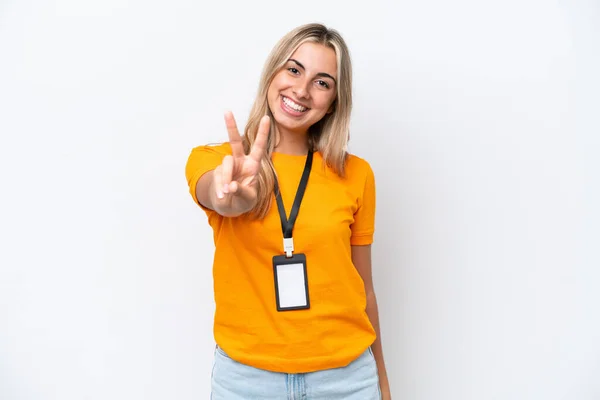 Young Caucasian Woman Card Isolated White Background Smiling Showing Victory — Stockfoto