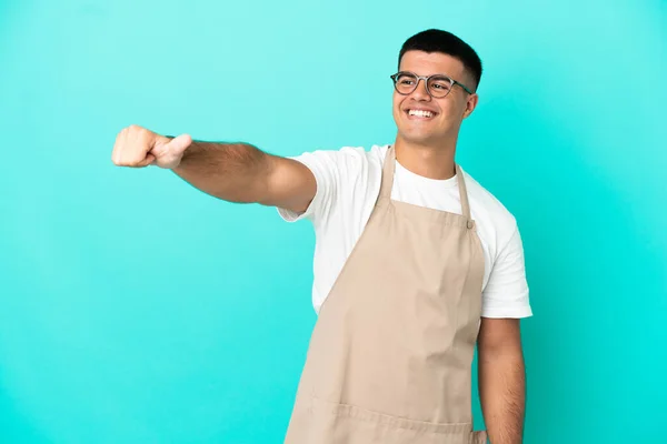 Restaurant Waiter Man Isolated Blue Background Giving Thumbs Gesture — Stock Photo, Image