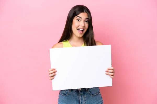 Young Brazilian Woman Isolated Pink Background Holding Empty Placard Happy — Zdjęcie stockowe