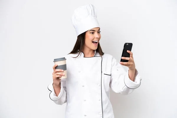 Young Brazilian Chef Woman Isolated White Background Holding Coffee Take —  Fotos de Stock