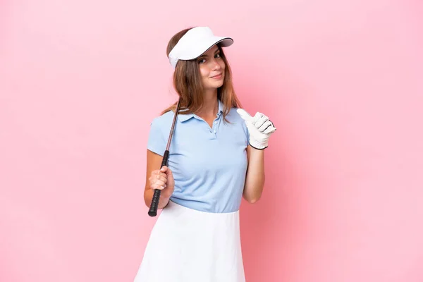 Junger Golfspieler Mann Isoliert Auf Rosa Hintergrund Stolz Und Selbstzufrieden — Stockfoto
