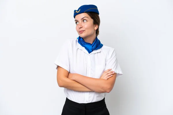 Airplane Stewardess Caucasian Woman Isolated White Background Making Doubts Gesture — Stockfoto