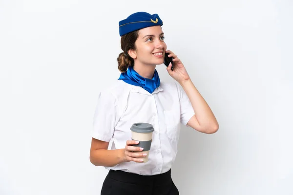 Αεροπλάνο Αεροσυνοδός Καυκάσιος Γυναίκα Απομονωμένη Λευκό Φόντο Κρατώντας Καφέ Για — Φωτογραφία Αρχείου