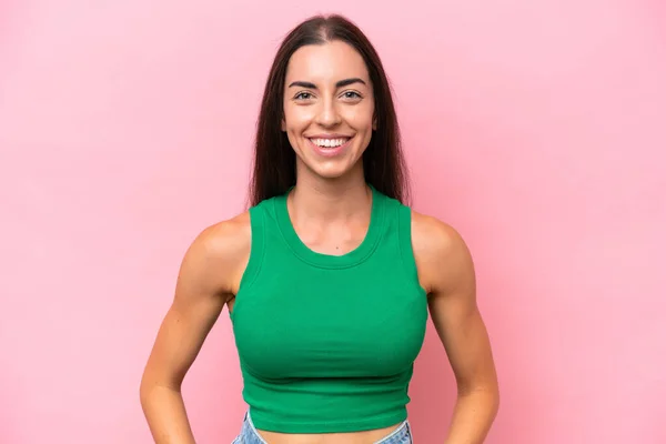 Young Caucasian Woman Isolated Pink Background Laughing — Stock Photo, Image