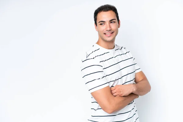 Jonge Blanke Man Geïsoleerd Witte Achtergrond Kijken Naar Zijkant Glimlachen — Stockfoto