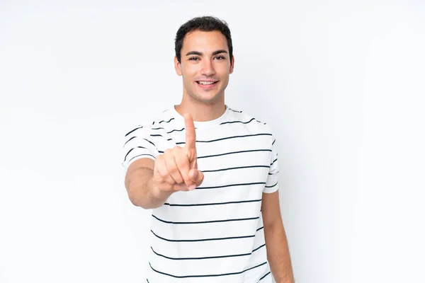 Joven Hombre Caucásico Aislado Sobre Fondo Blanco Mostrando Levantando Dedo — Foto de Stock