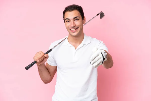 Young Golfer Player Man Isolated Pink Background Shaking Hands Closing — 图库照片