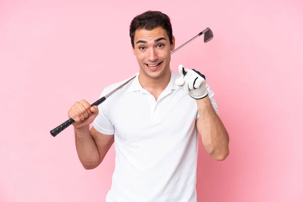 Young Golfer Player Man Isolated Pink Background Surprised Pointing Front — Foto de Stock