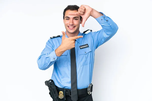 Молодой Кавказский Полицейский Изолированный Белом Фоне Сосредоточенный Лице Символ Обрамления — стоковое фото