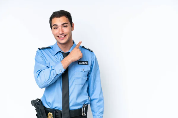 Young Police Caucasian Man Isolated White Background Pointing Side Present — Fotografia de Stock