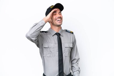 İzole edilmiş beyaz arka planda genç bir koruma bir şey fark etti ve çözüme niyetlendi.