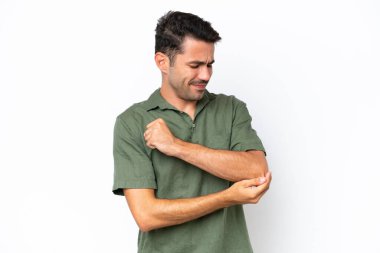 Young handsome man over isolated white background with pain in elbow