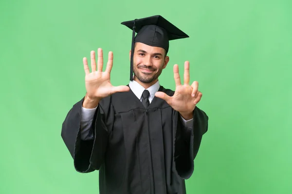 Young University Graduate Man Isolated Background Counting Eight Fingers — Stock Photo, Image
