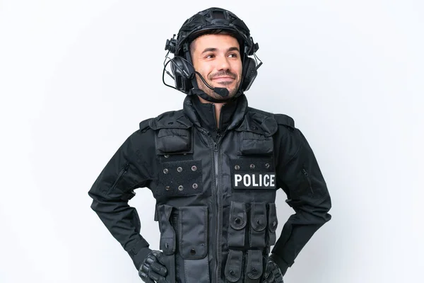 Young Caucasian Swat Man Isolated White Background Posing Arms Hip — Stock Photo, Image