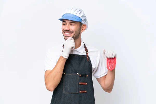Butcher Caucasian Man Wearing Apron Serving Fresh Cut Meat Isolated — Stock Photo, Image