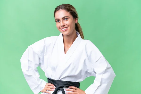 Young Uruguayan Woman Doing Karate Isolated Background Posing Arms Hip — Stock Photo, Image