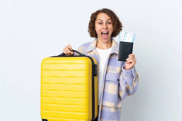 Young English Woman Isolated White Background Vacation Suitcase Passport — Stock Photo, Image