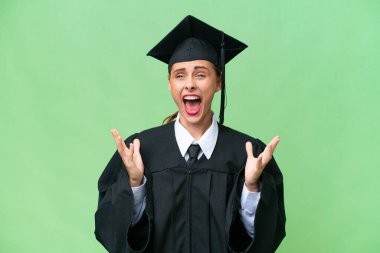 Genç üniversite mezunu, yüzü şaşırmış, izole edilmiş, beyaz bir kadın.