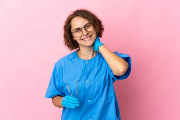 Woman English Dentist Holding Tools Isolated Pink Background Laughing — Stock Photo, Image