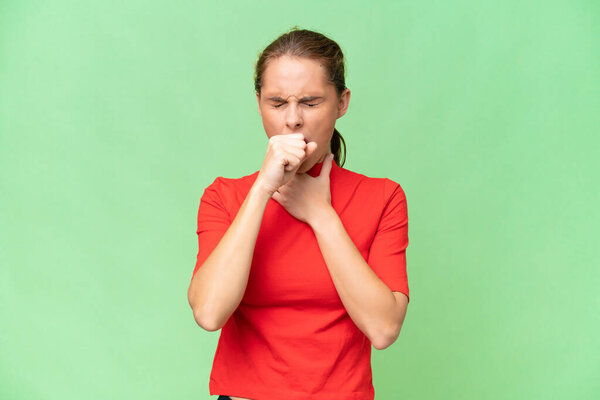 Young caucasian woman over isolated background coughing a lot