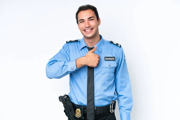 Молодой Кавказский Полицейский Изолирован Белом Фоне Показывая Большой Палец Вверх — стоковое фото