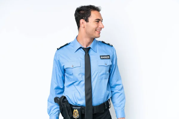 Jonge Politie Blanke Man Geïsoleerd Witte Achtergrond Uitziende Kant — Stockfoto