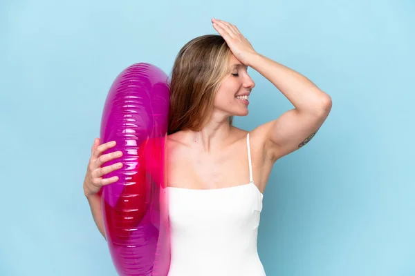 Young Blonde Woman Swimsuit Holding Inflatable Donut Isolated Blue Background — Stock Photo, Image