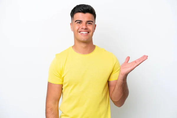 Young Caucasian Handsome Man Isolated White Background Holding Copyspace Imaginary — Stock Photo, Image