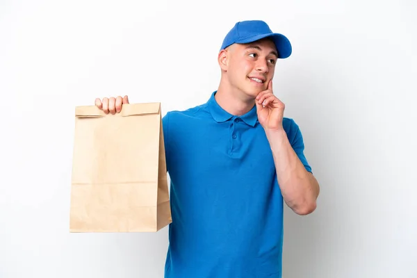 Young Brazilian Man Taking Bag Takeaway Food Isolated White Background — Stockfoto