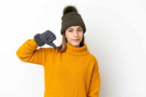 Young Girl Winter Hat Isolated White Background Showing Thumb Negative — Stock Photo, Image