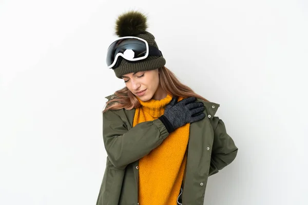 Sciatore Donna Caucasica Con Occhiali Snowboard Isolato Sfondo Bianco Che — Foto Stock