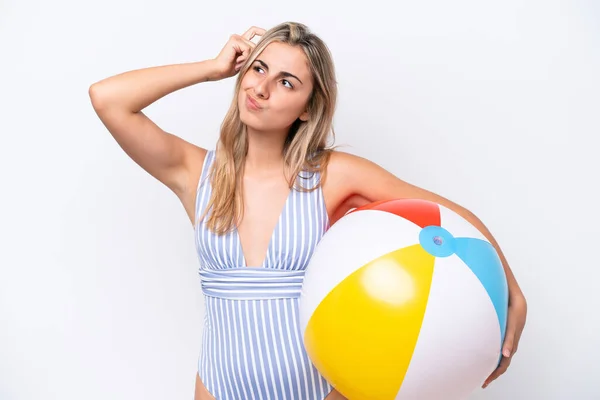 Young Caucasian Woman Holding Beach Ball Isolated White Background Having — Stock Photo, Image