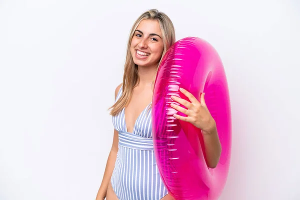 Young Caucasian Woman Holding Air Mattress Donut Isolated White Background — Zdjęcie stockowe