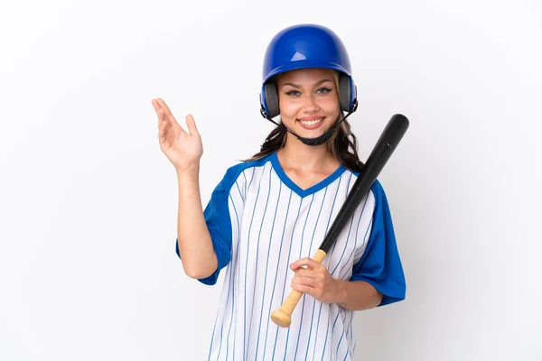 Baseball Rosyjski Dziewczyna Gracz Kasku Nietoperza Izolowane Białym Tle Wyciągając — Zdjęcie stockowe