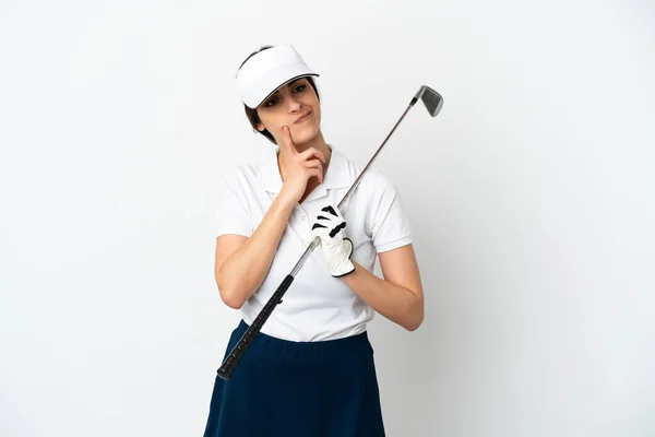 Knappe Jonge Golfer Speler Vrouw Geïsoleerd Witte Achtergrond Met Twijfels — Stockfoto