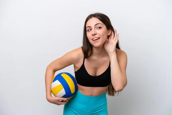 Young Caucasian Woman Playing Volleyball Isolated White Background Listening Something — Photo
