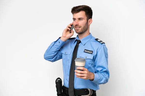 Jonge Politie Blanke Man Geïsoleerd Witte Achtergrond Met Koffie Mee — Stockfoto