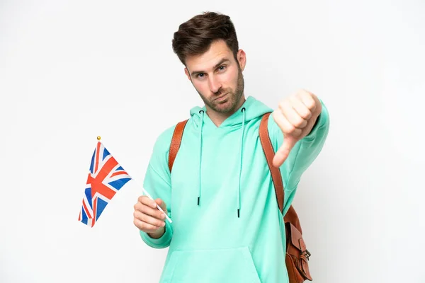 Ung Student Kaukasier Man Som Håller Brittisk Flagga Isolerad Vit — Stockfoto