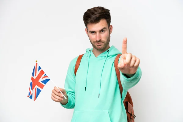 Fiatal Diák Kaukázusi Férfi Tartó Egyesült Királyság Zászló Elszigetelt Fehér — Stock Fotó