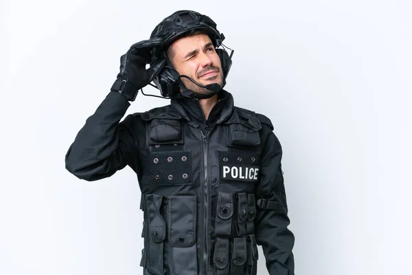 Young Caucasian Swat Man Isolated White Background Having Doubts Confuse — Stock Photo, Image