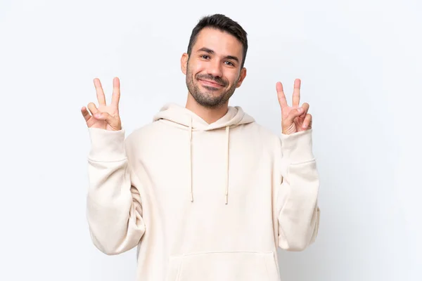 Young Caucasian Man Isolated White Background Showing Victory Sign Both — Photo