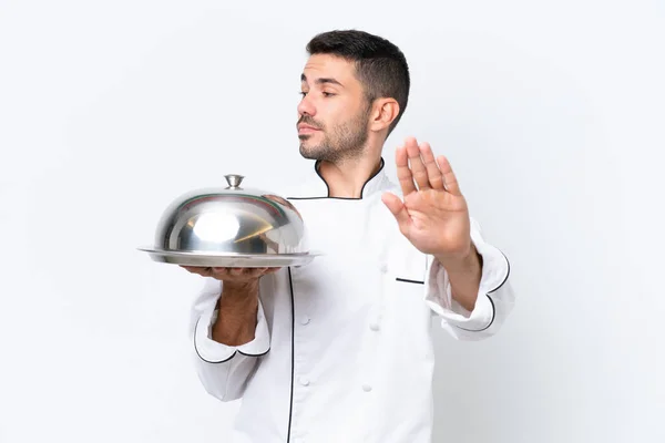 Young Chef Tray Isolated White Background Making Stop Gesture Disappointed — Stock Photo, Image