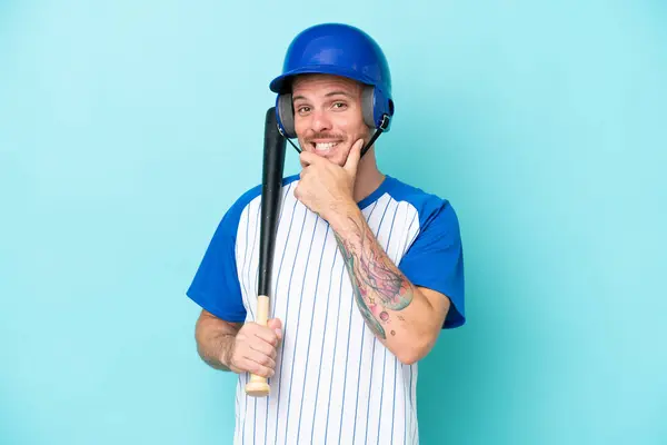 Baseball Player Helmet Bat Isolated Blue Background Happy Smiling — Stock Photo, Image