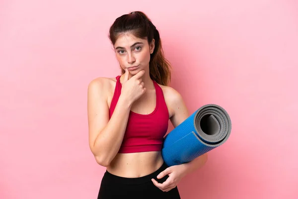 Young Sport Woman Going Yoga Classes While Holding Mat Thinking — Stock Photo, Image