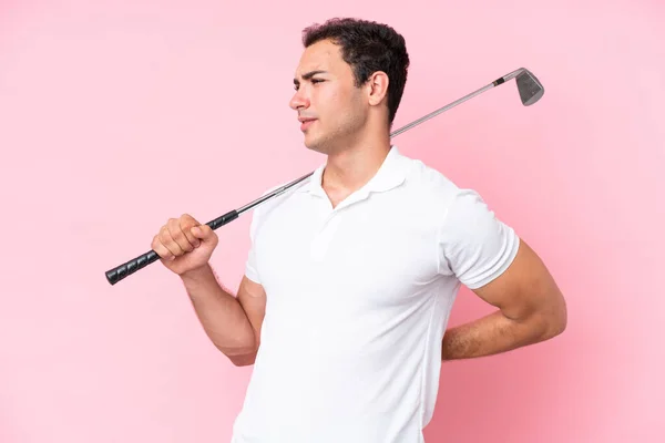 Young Golfer Player Man Isolated Pink Background Suffering Backache Having — 图库照片